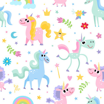 Cute magic pattern with unicorn character isolated on white