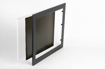 Three part of LCD monitor, firtst  plastic frame,  the second  panel consists of polarizing filters, glass and  liquid-crystal display, third 6 mm organic glass.