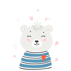 T-shirt Print Design for Kids with Little Cute Polar Bear Head with Hearts. Teddy Bear Face. Doodle Cartoon Kawaii Animal Vector Illustration. Scandinavian Print or Poster Design, Baby Shower Card