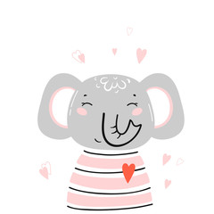 T-shirt Print Design for Kids with Little Cute Elephant Head with Hearts. Elephant Face. Doodle Cartoon Kawaii Animal Vector Illustration. Scandinavian Print or Poster Design, Baby Shower Card
