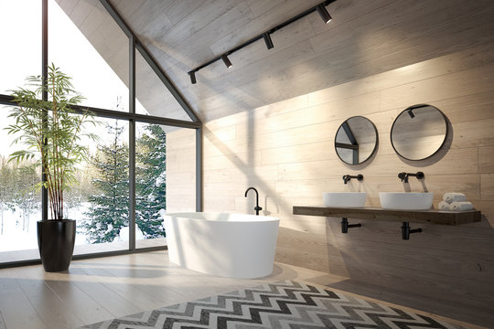 Interior bathroom of a forest house 3D rendering