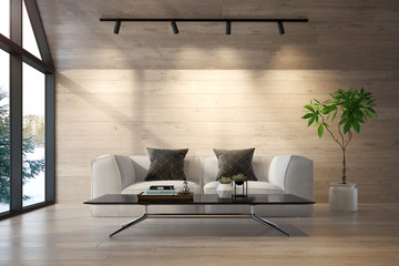 Interior living room of a forest house 3D rendering