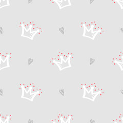 Cute Baby and Little Princess Background. Doodle Crown and Heart Seamless Childish Pattern