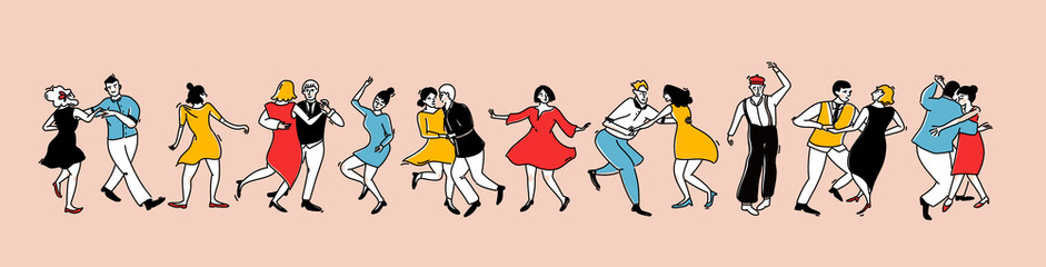 Crowd of dancing people in vintage style dresses and clothes. Swing dance horizontal banner. Lindy hop party characters, social event outline illustration. Solo and couples having fun.