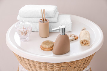 Obraz na płótnie Canvas Body care cosmetics with accessories on table in bathroom