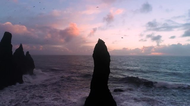Vik Black sand beach, Iceland, pink sunset