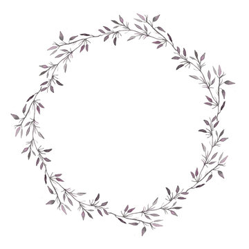 Hand drawn watercolor illustration. Round frame beautiful wreath with leaves, flowers, branches. Design for wedding invitations, greeting cards, save the date invitation, prints, postcards.