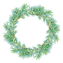 Round frame with watercolor wreath of fir branches.  Place for your text. Perfect for greetings, invitations, announcement, web and wedding design. Raster.