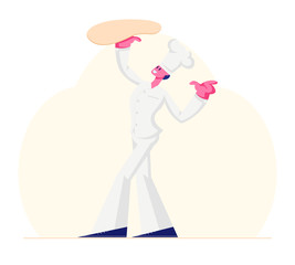 Concentrated Man Chef in White Uniform Spinning Dough on Hand at Kitchen. Professional Baker Preparing Pizza in Italian Cafe or Bakery Shop. Restaurant Staff Working Cartoon Flat Vector Illustration