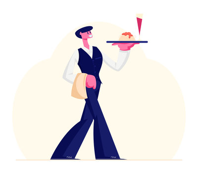 Young Waiter Male Character Wearing Uniform and Holding Towel Carrying Tray with Glass of Red Wine and Plate with Pasta and Sauce. Restaurant Staff Working. Hospitality Service Cartoon Flat Vector
