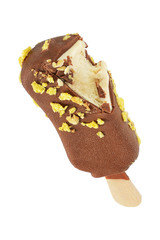 Ice cream popsicle with chocolate peanut and corn flakes isolated on white