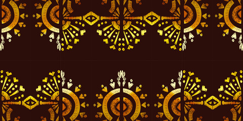 Nice native gold ornament pattern hand-drawn ikat geometric background - Ethnic folk pattern. Tribal embroidery background. Vector