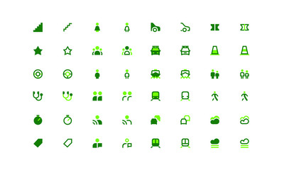 Application toolbar icons. Flat bicolor icons use green and gray colors. Vector images isolated on a white background