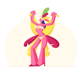 Girl Dancing at Carnival in Rio De Janeiro. Brazilian Samba Dancer Woman Wearing Festival Costume Bikini with Multicolored Feathers Isolated on White Background. Cartoon Flat Vector Illustration
