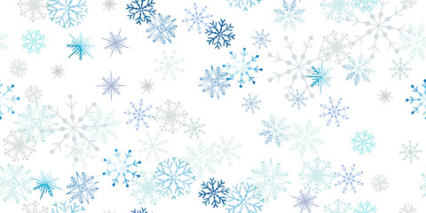 Gorizontal card celebrate freezing snowflakes background. Christmas print fabric wonderful wrapping surface pattern design. Blue snowflakes on light background.