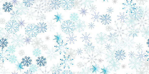 Gorizontal card celebrate freezing snowflakes background. Christmas print fabric wonderful wrapping surface pattern design. Blue snowflakes on light background.