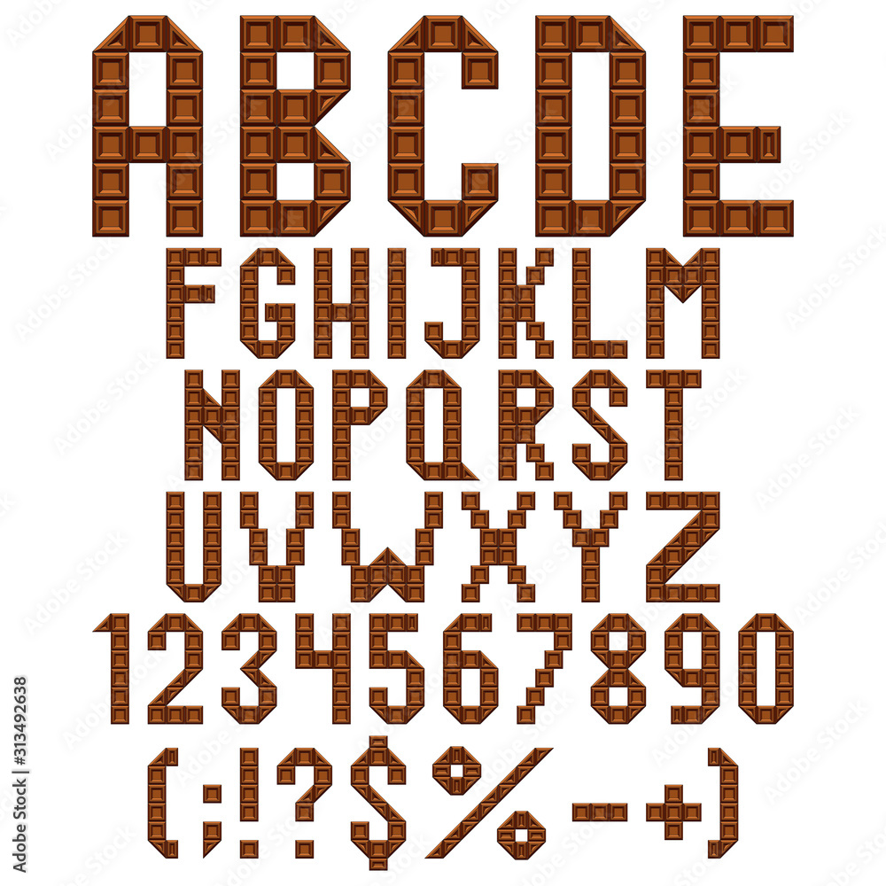 Fototapete chocolate alphabet, letters, numbers and signs. set of isolated vector objects on a white background