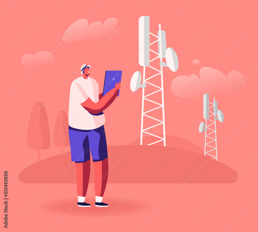 Aufkleber man with tablet pc stand near transmission tower using 5g internet for chatting texting in social ne