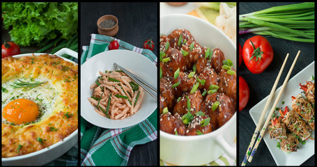 Collage of diverse food. A variety of tasty and healthy food. Healthy food balance. To cook. Background Menu Table