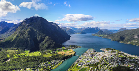 Panoramic aerial view of the mountains and fjord of Andalsnes Norway