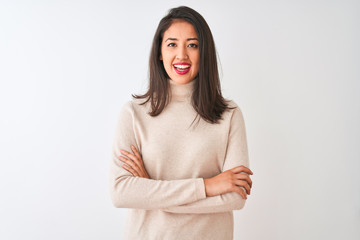 Beautiful chinese woman wearing turtleneck sweater standing over isolated white background happy face smiling with crossed arms looking at the camera. Positive person.