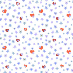 hearts and forget-me-not flowers on white background, seamless vector illustration