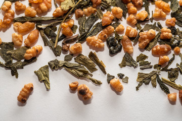 close-up of green tea with fried rice