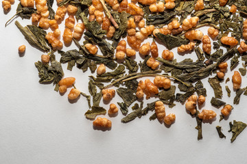 close-up of green tea with fried rice