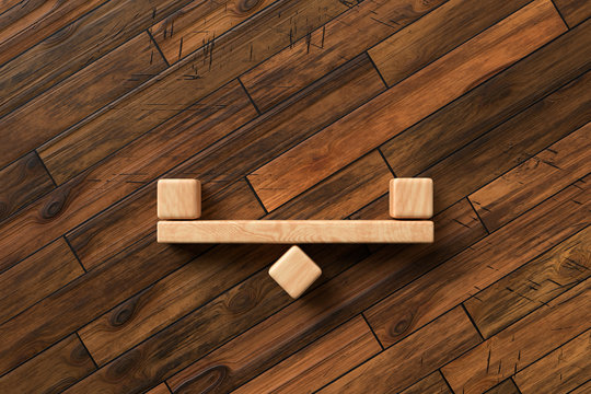 seesaw made of wooden blocks on wooden background symbolizing balance - 3D rendered illustration