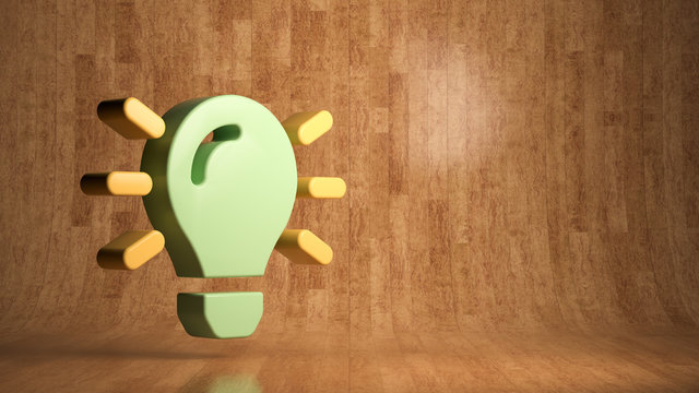 lightbulb icon floating in front of wooden background, rendered in 3D