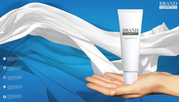 Cosmetic product mockup with hand.Whate cosmetic products with Smooth fabric with shimmering effect on Blue background