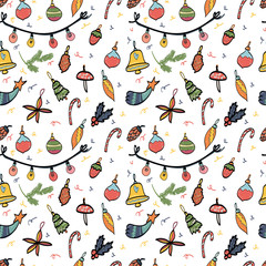 Seamless pattern, holiday elements, hand drawn, doodle background vector. Illustration . Decorative wallpaper, wraping paper good for printing. Happy New Year, greeting card. Winter time