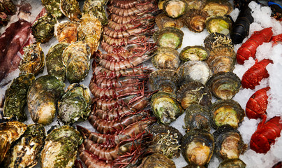 fresh seafood on market of Bergen in Norway