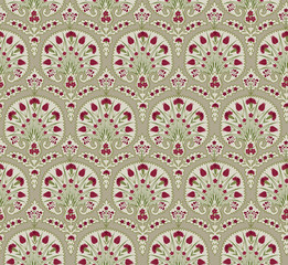 Floral seamless fabric pattern. Flourish tiled oriental ethnic background. Arabic ornament with fantastic flowers and leaves.