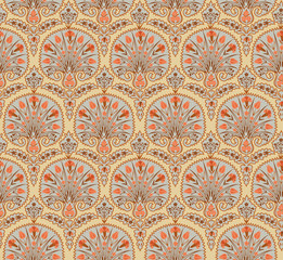 Floral seamless fabric pattern. Flourish tiled oriental ethnic background. Arabic ornament with fantastic flowers and leaves.