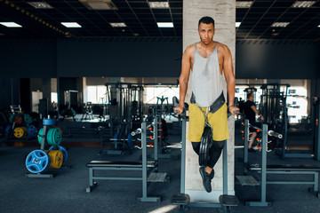 Fototapeta na wymiar Athlete doing push ups on the uneven bars in gym