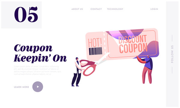 Sale and Discount Website Landing Page. Tiny Male and Female Characters Cut Huge Discount Coupon with Scissors. Shopping Recreation, Price Off Promo Web Page Banner. Cartoon Flat Vector Illustration