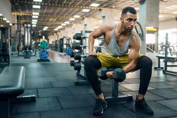Fototapeta na wymiar Muscular man doing exercise with heavy dumbbell
