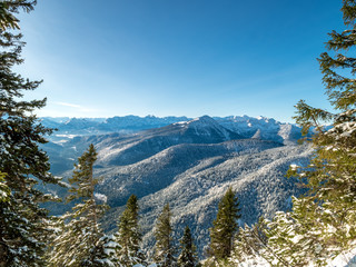 Mountain View from a Bavarian Top Point to the surrounding alp scenery during winter