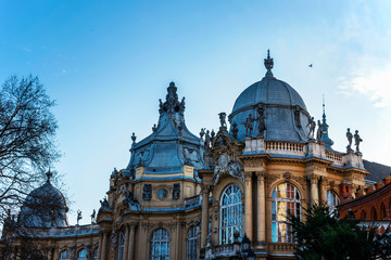 Obraz premium Fragment of Vajdahunyad castle in Budapest in Hungary, winter day.