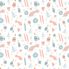 Seamless pattern, holiday elements, hand drawn, doodle background vector. Illustration . Decorative wallpaper, wraping paper good for printing. Happy New Year, greeting card. Winter time