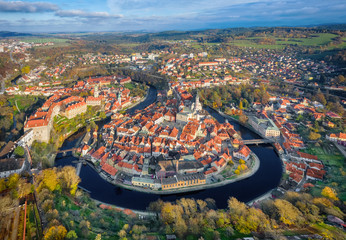 Aerial view of Cesky Krumlov - historic European city surrounded by bend of Vltava river, Czech...