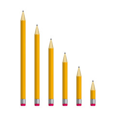 A set of pencils of different lengths vector illustration. Orange sharpened pencils with red erasers.
