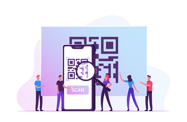 Tiny Male and Female Characters Stand at Huge Smartphone Looking at Qr Code on Screen through Magnifying Glass. Internet Smart Technologies, Purchase Quality Control. Cartoon Flat Vector Illustration