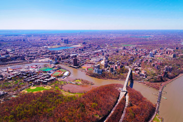 Aerial view on 145th Street Bridge between Manhattan and Bronx NYC, New York City, USA. Skyline and cityscape. American building. Panoramic view. Panorama of Metropolis