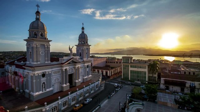 Cathedral at sunset, elevated view, Parque Cespedes, Santiago de Cuba, Santiago de Cuba Province, Cuba