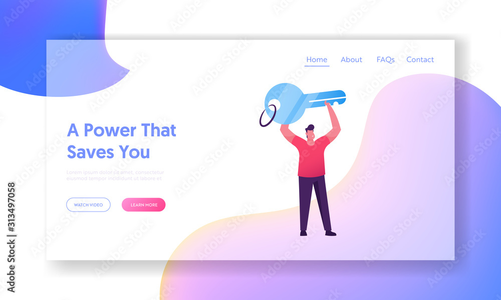 Poster authorization in security system website landing page. man holding huge key for account or smartphon