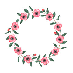 Cute wreath with leaves, pink flowers. Watercolor hand drawn illustration. Romantic design. Design for invitation, wedding or greeting cards