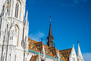 Fragment of Matthias Church on Holy Trinity Square in Budapest, Hungary.