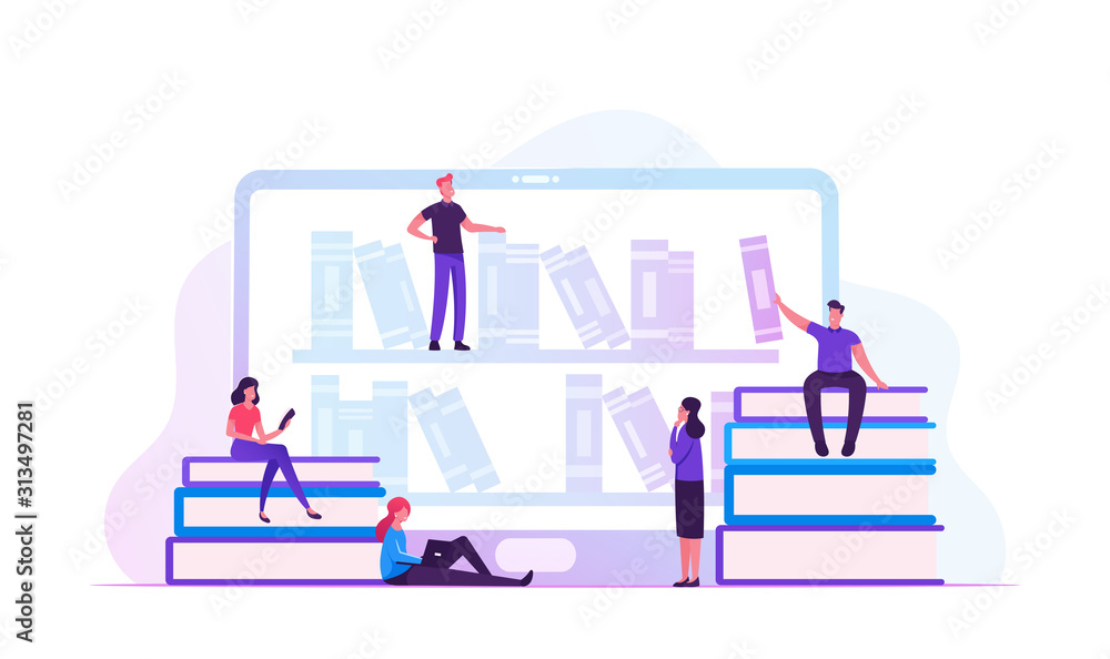 Poster online library concept. people reading e-books and study at school using e-library. tiny characters 